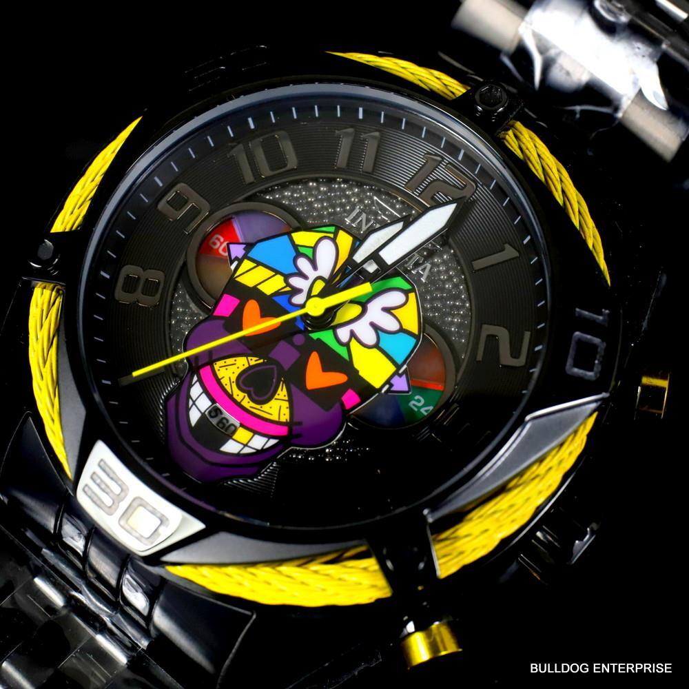 Invicta Romero Britto Modern Art Skull 47mm Black Stainless Steel Watch New