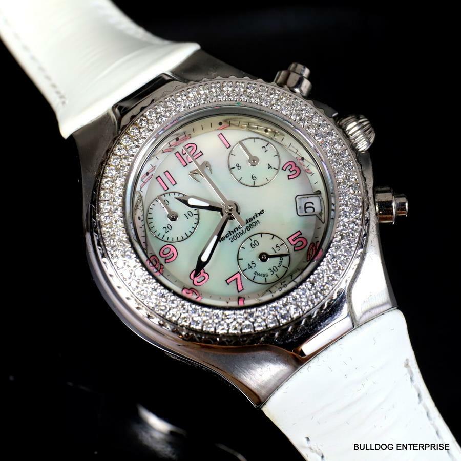 Ladys Technomarine 128 Diamonds Swiss Made Chrono White MOP Leather Watch New