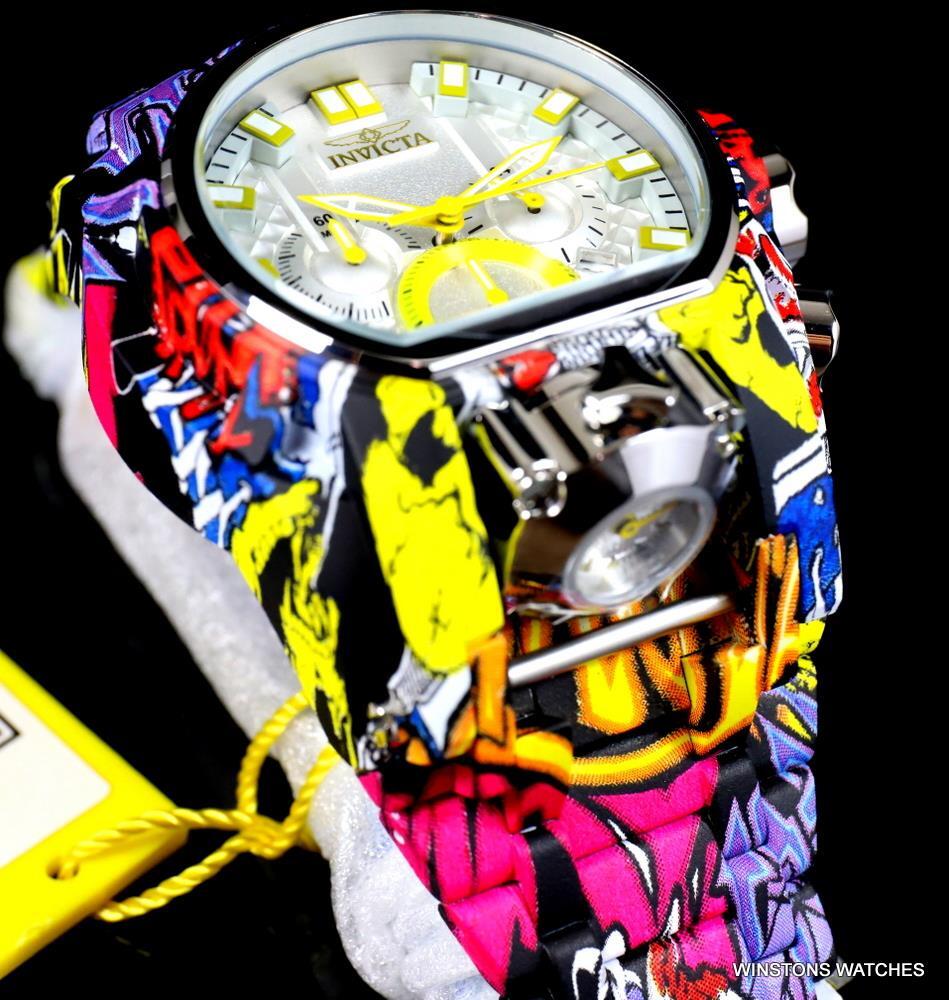 Invicta Reserve Bolt Zeus Magnum Graffiti Steel Yellow Swiss Mvt Watch 52mm New