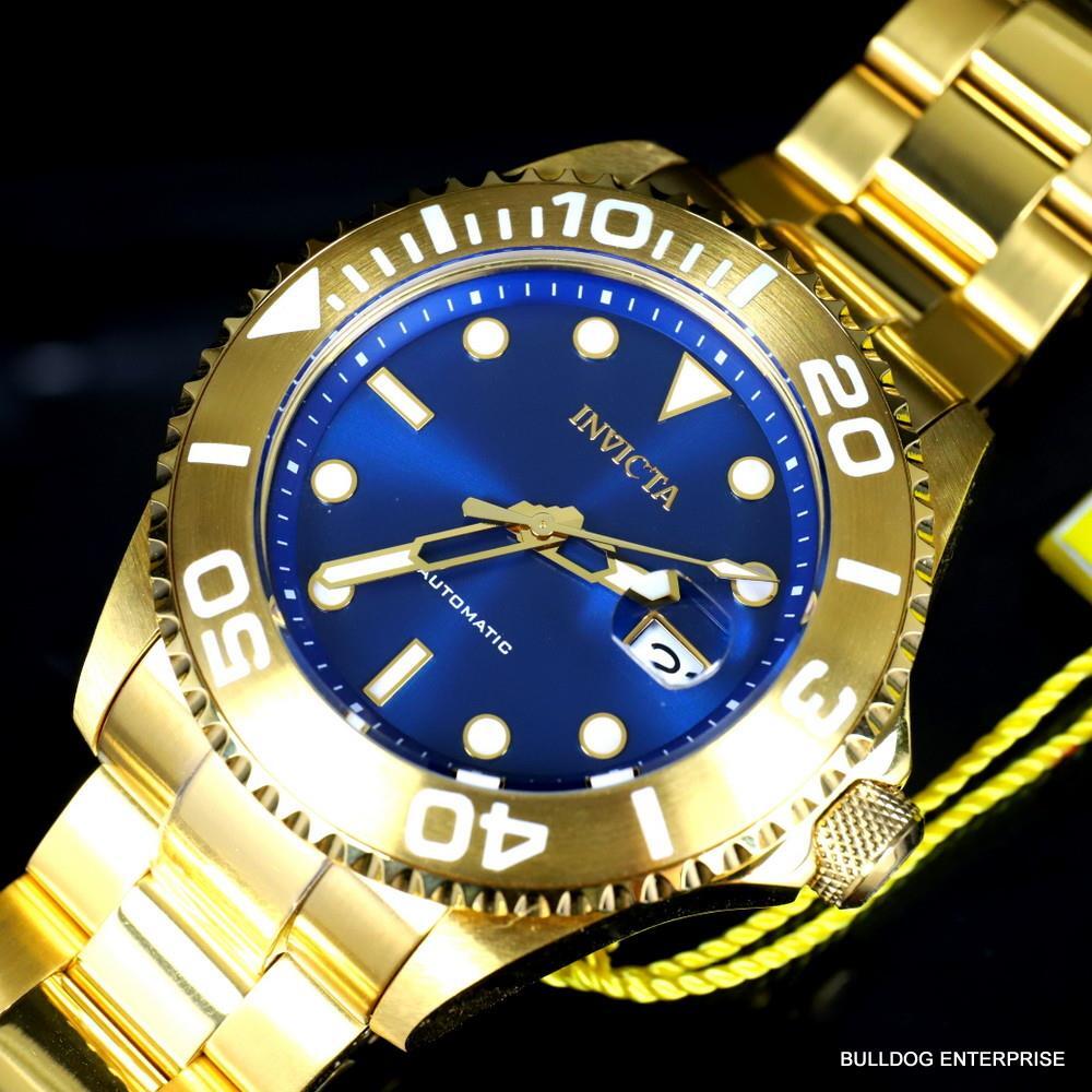 Mens Invicta Pro Diver Gold Plated Steel Bracelet Automatic Blue Watch 47mm New