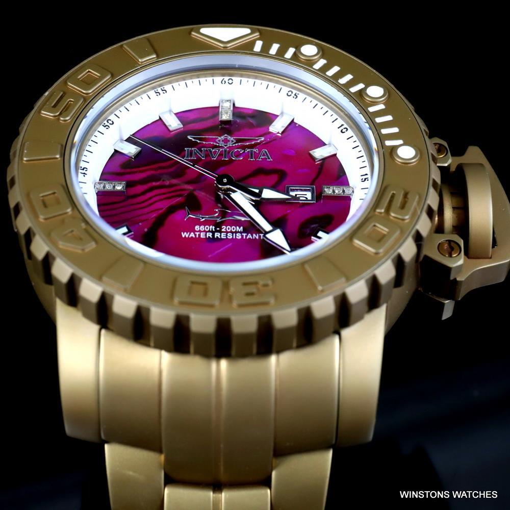 Invicta Sea Hunter Purple Abalone Khaki Steel Automatic Diamond 58mm Watch New