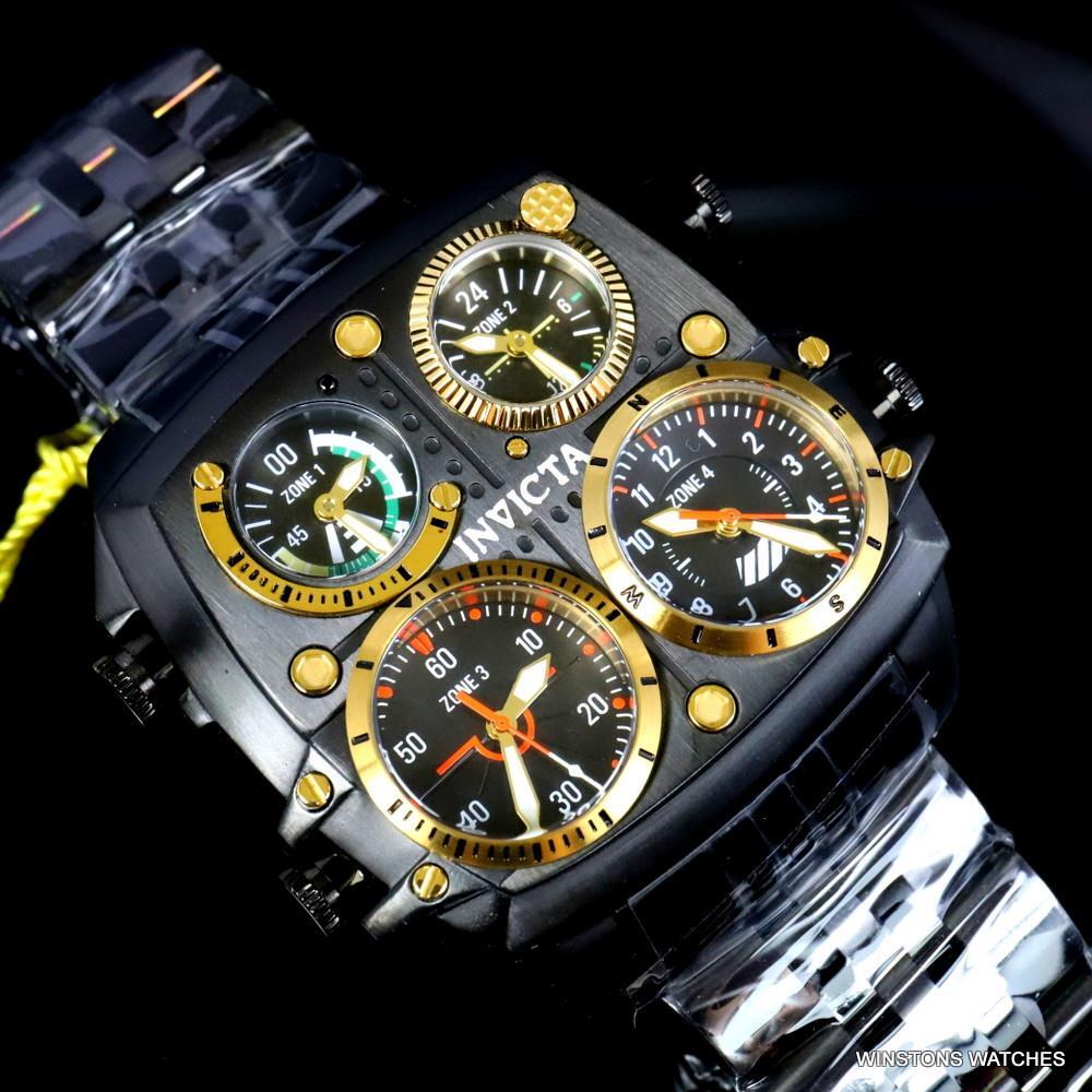 Invicta Aviator Zulu Black Stainless Steel Bracelet Quad Time 50mm Watch New