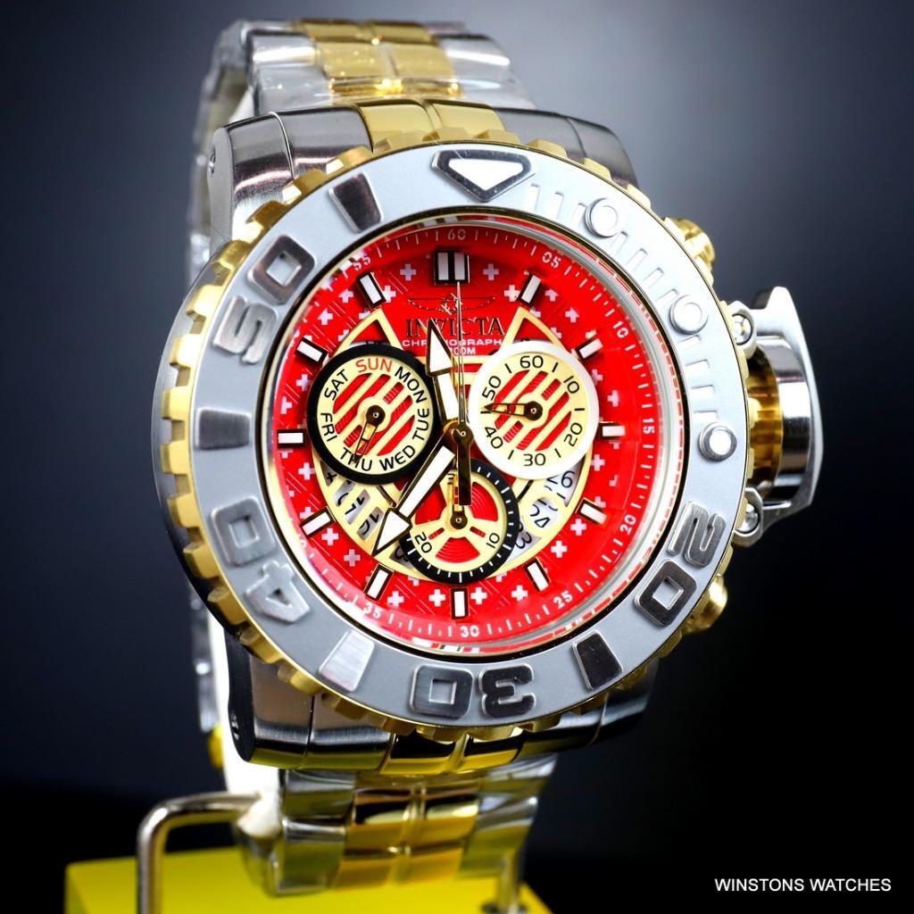 Invicta Sea Hunter II 70mm Two Tone Gold Plated Steel Red Swiss Mvt Watch New