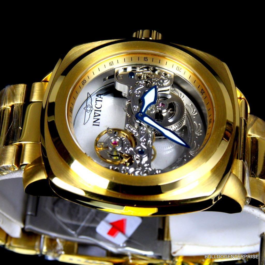 Mens Invicta Aviator Ghost Bridge Mechanical Skeleton Gold Plated 48mm Watch New