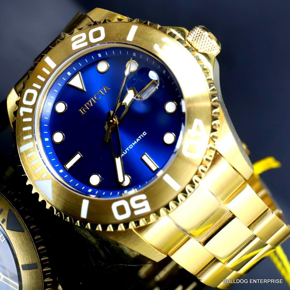 Mens Invicta Pro Diver Gold Plated Steel Bracelet Automatic Blue Watch 47mm New