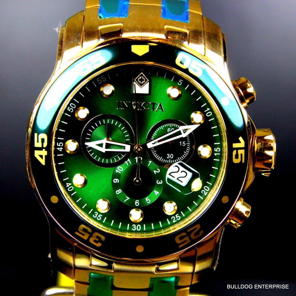 Mens Invicta Pro Diver Scuba 18kt Gold Plated Chronograph Green 48mm Watch New