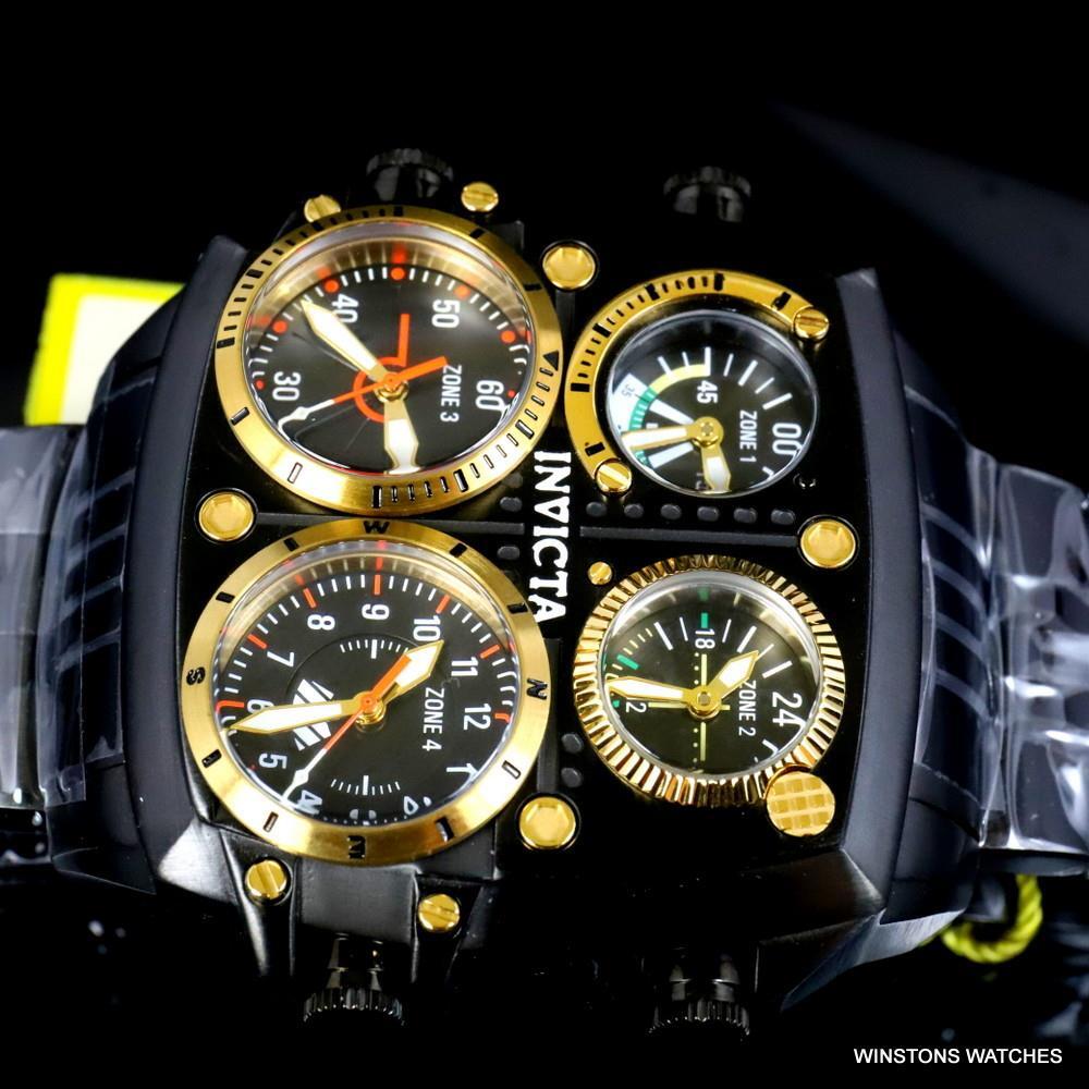 Invicta Aviator Zulu Black Stainless Steel Bracelet Quad Time 50mm Watch New