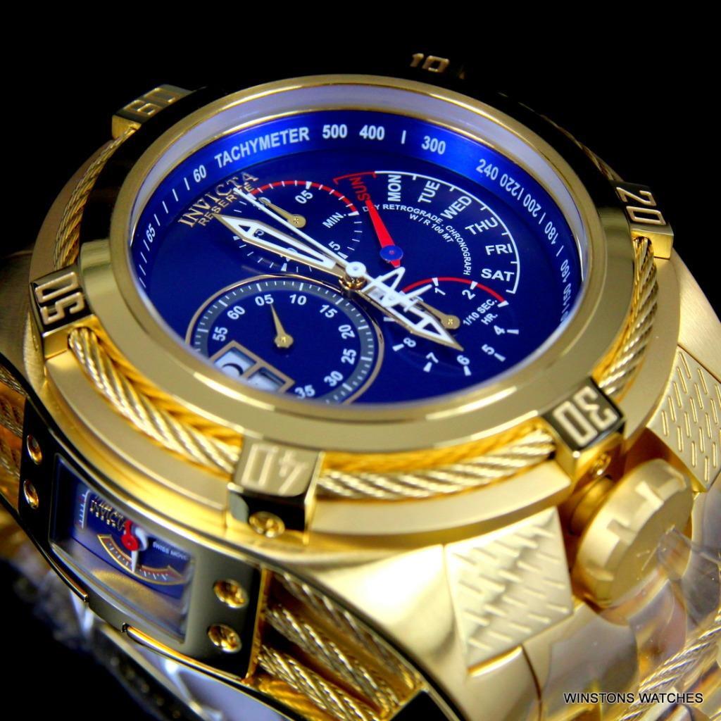 Invicta Bolt Zeus Tria Gold Plated Steel Blue 3 Swiss Mvt Dials 52mm Watch New