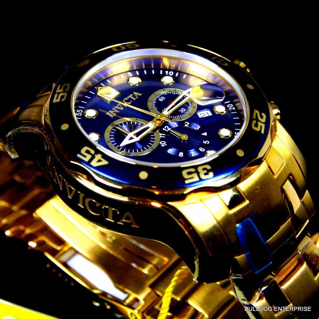 Invicta Pro Diver Scuba 18kt Gold Plated Steel Chronograph Blue 48mm Watch New