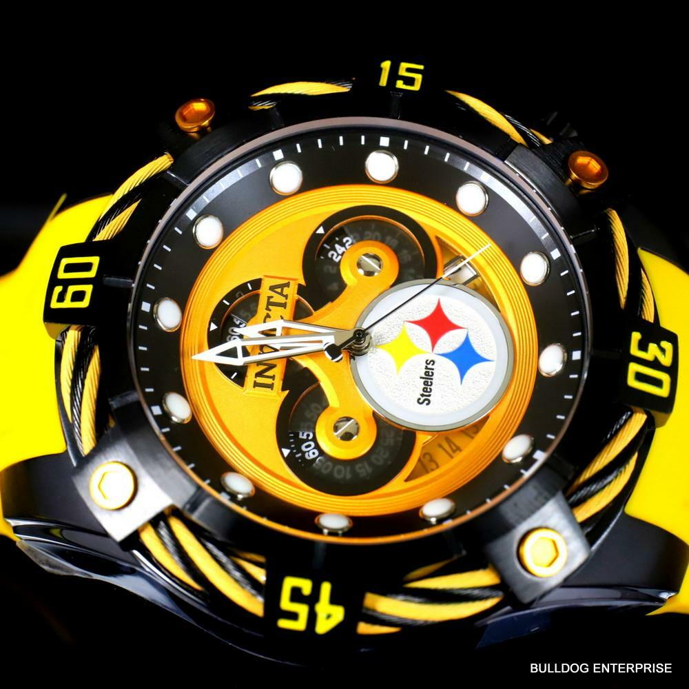 Invicta NFL Pittsburgh Steelers Bolt Yellow Chronograph Silicone Watch 52mm New