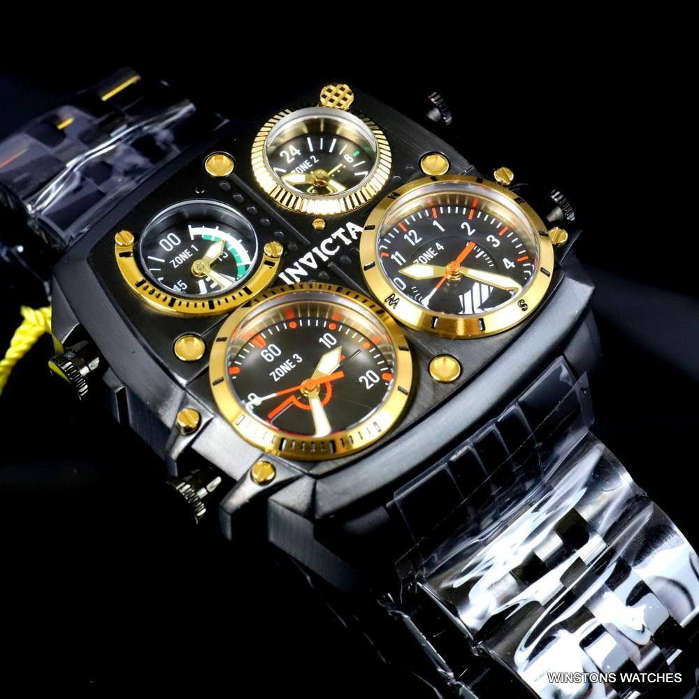 Invicta Aviator Zulu Black Stainless Steel Bracelet Quad Time 50mm Watch New