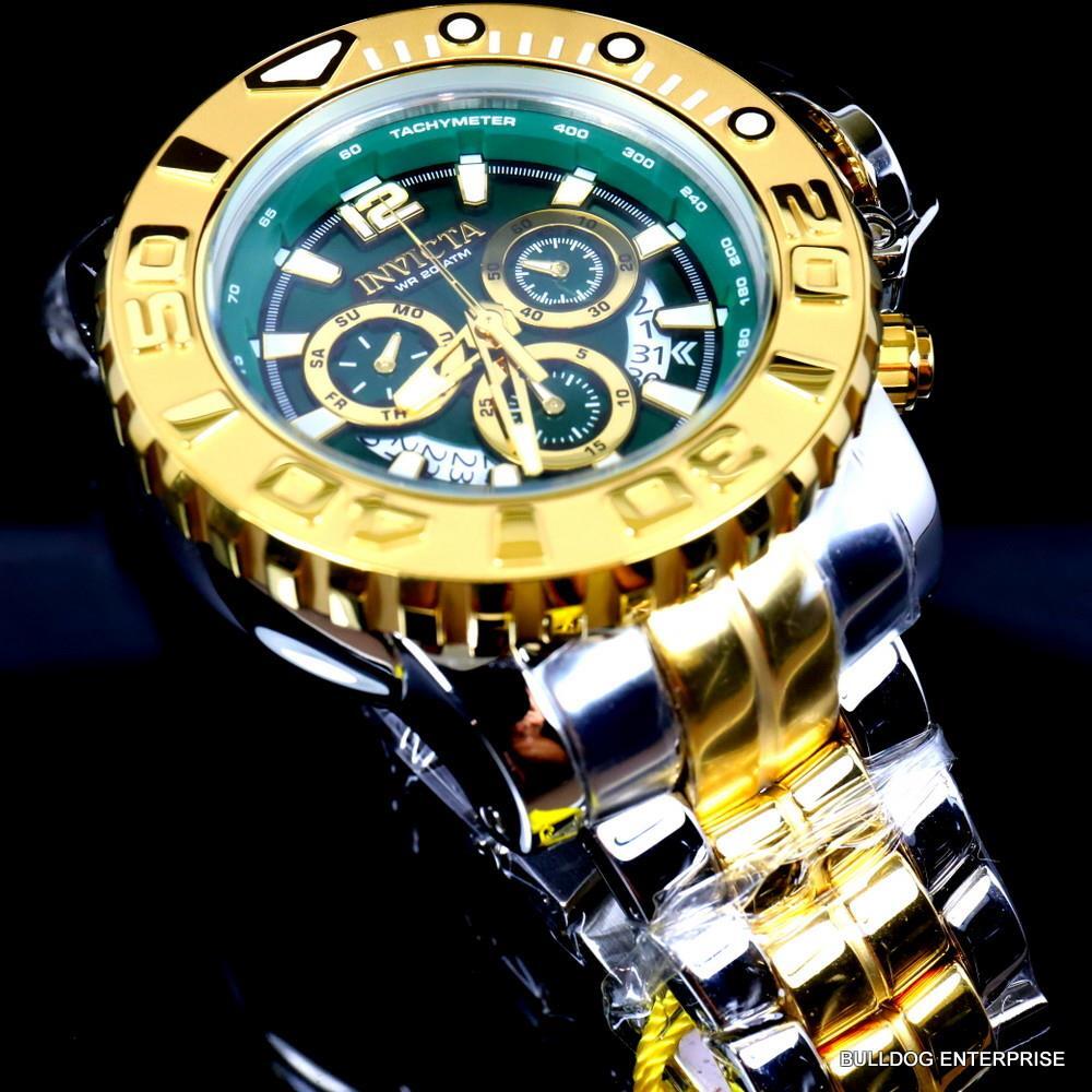 Men's Invicta Sea Hunter Gen II Green 2 Tone Gold Plated 70mm Swiss Watch New
