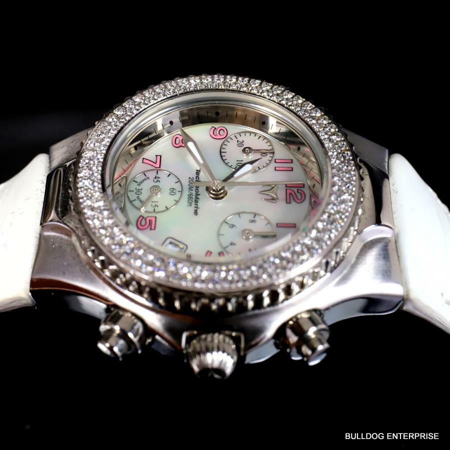 Ladys Technomarine 128 Diamonds Swiss Made Chrono White MOP Leather Watch New