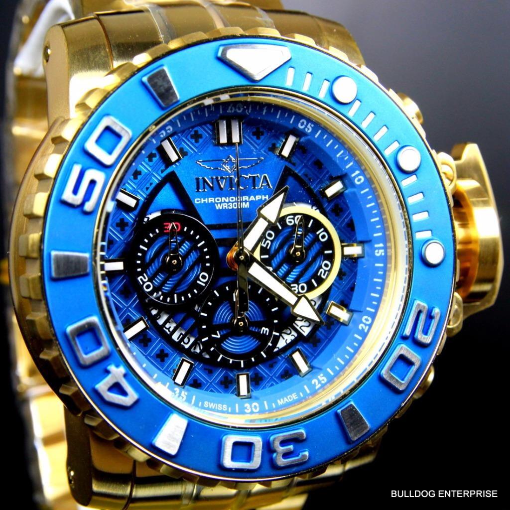 Invicta Sea Hunter III Blue 70mm Swiss Movement Chrono Gold Plated Watch New