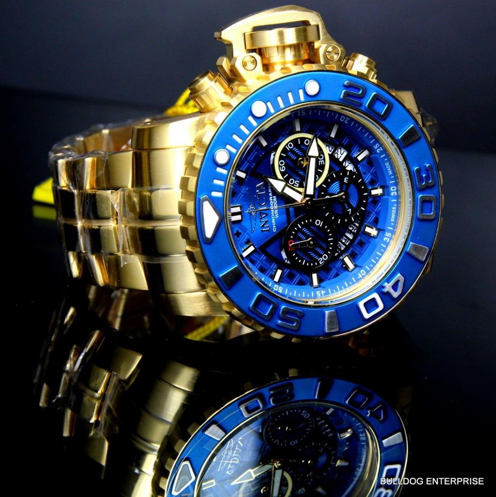 Invicta Sea Hunter III Blue 70mm Swiss Movement Chrono Gold Plated Watch New