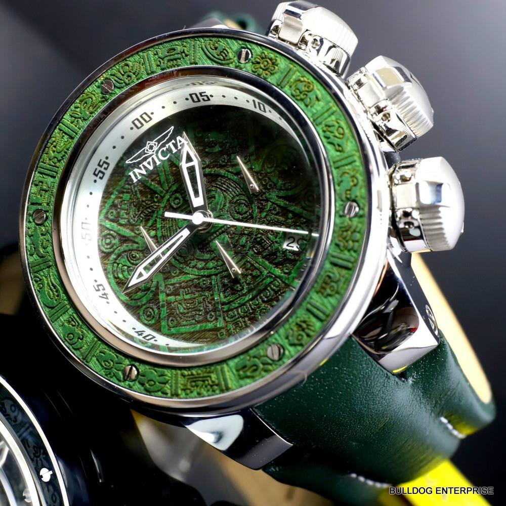 Invicta Subaqua Sea Dragon Wooden Aztec 52mm Green Leather Chronograph Watch New