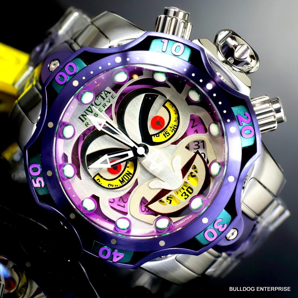 Invicta DC Comics Joker Venom Silver Tone Steel Purple Swiss Mvt 52mm Watch New