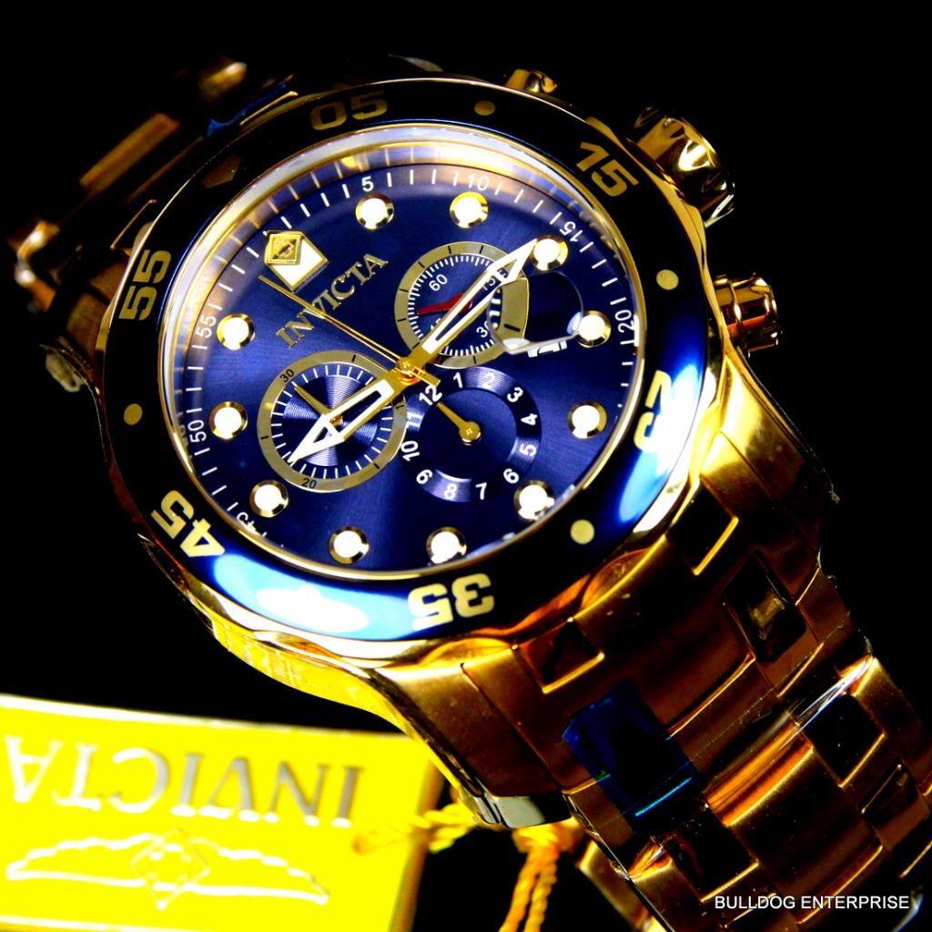 Invicta Pro Diver Scuba 18kt Gold Plated Steel Chronograph Blue 48mm Watch New
