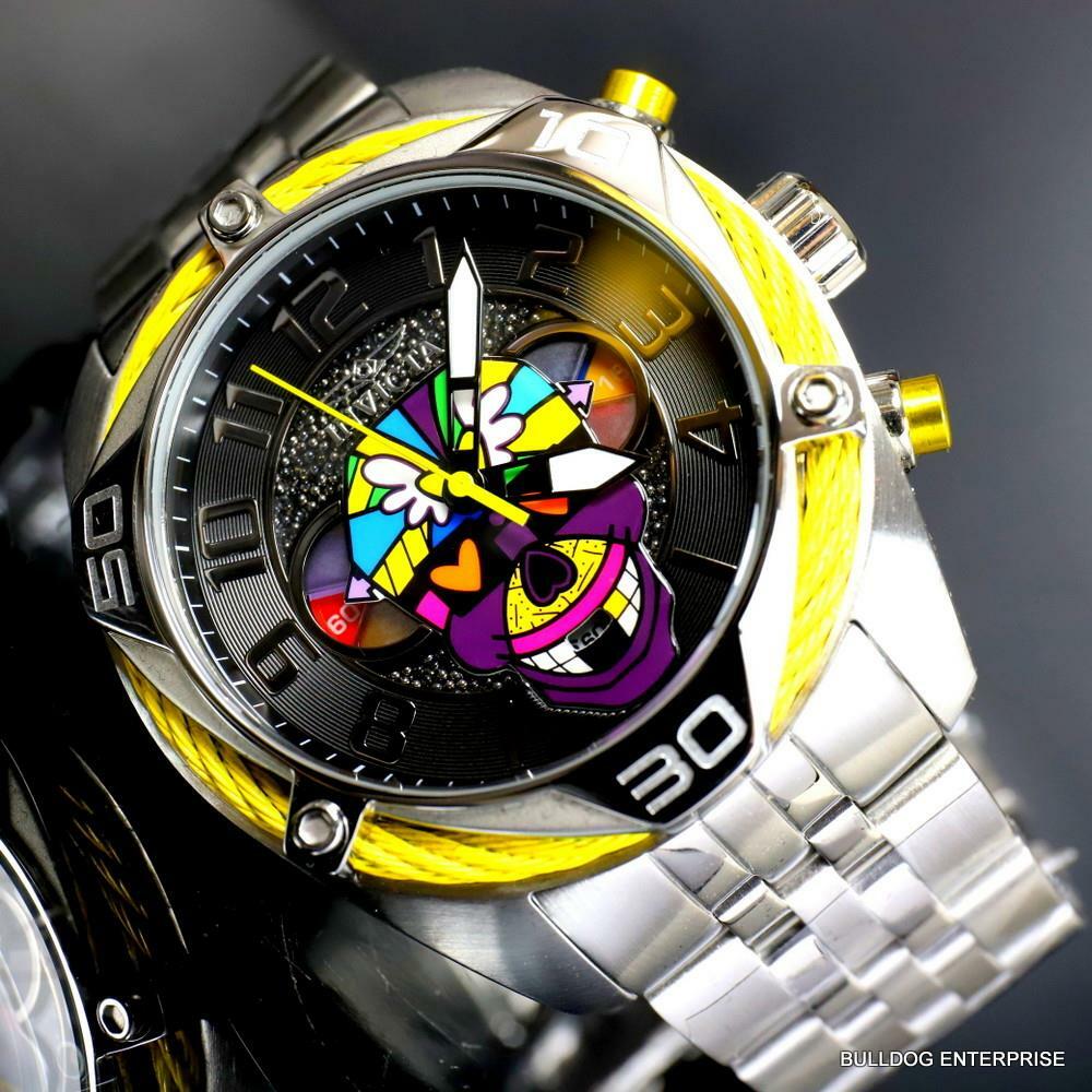 Invicta Britto Bolt Skull Silver Tone Stainless Steel Chronograph 47mm Watch New