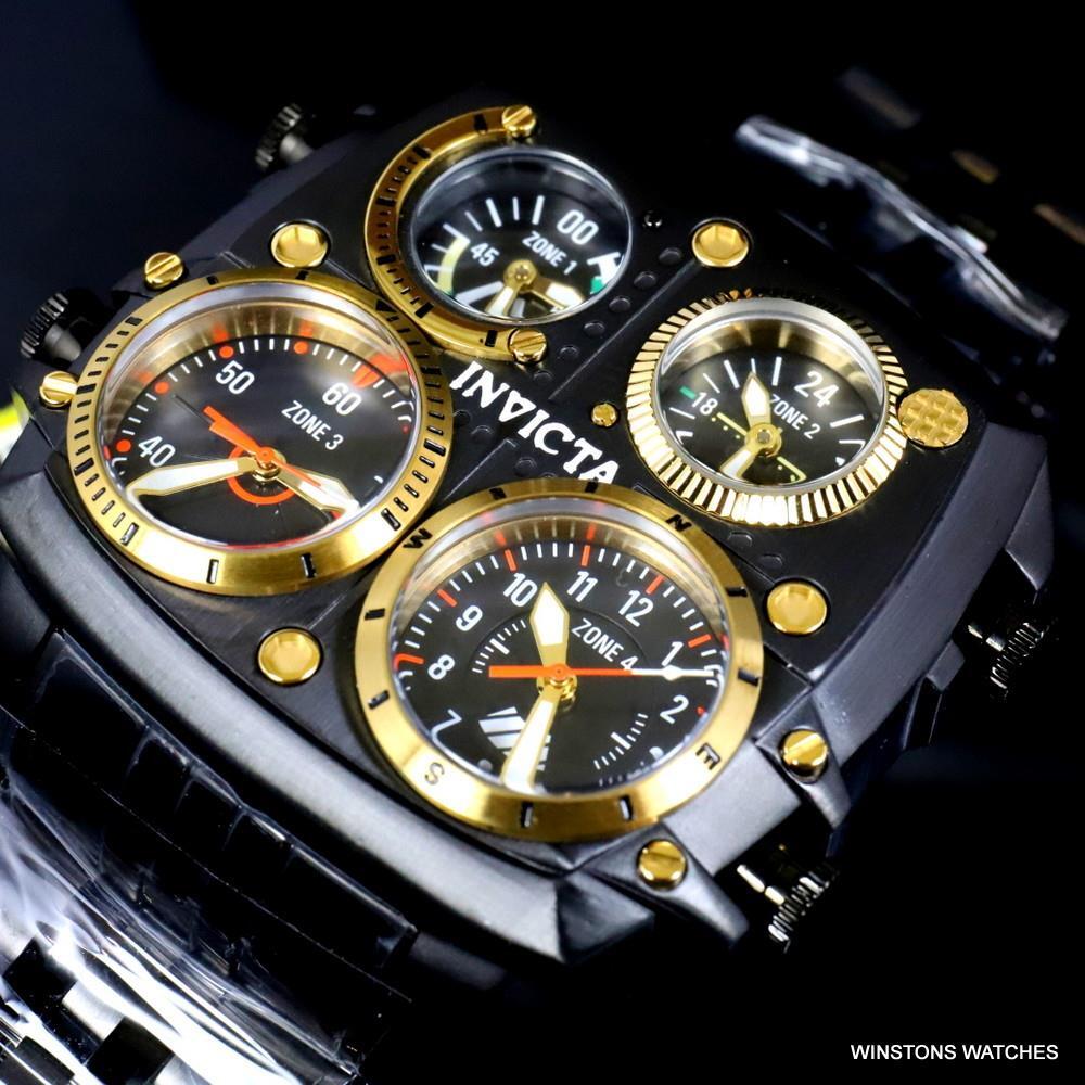 Invicta Aviator Zulu Black Stainless Steel Bracelet Quad Time 50mm Watch New