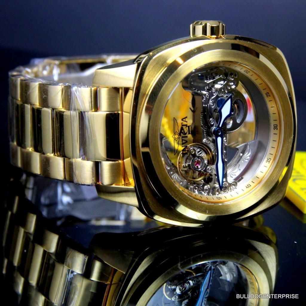 Mens Invicta Aviator Ghost Bridge Mechanical Skeleton Gold Plated 48mm Watch New