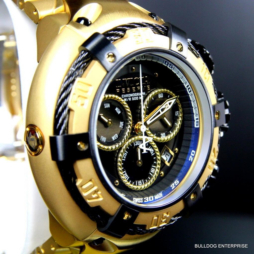 Invicta Reserve Thunderbolt 56mm 18kt Gold Plated Black Chronograph Watch New