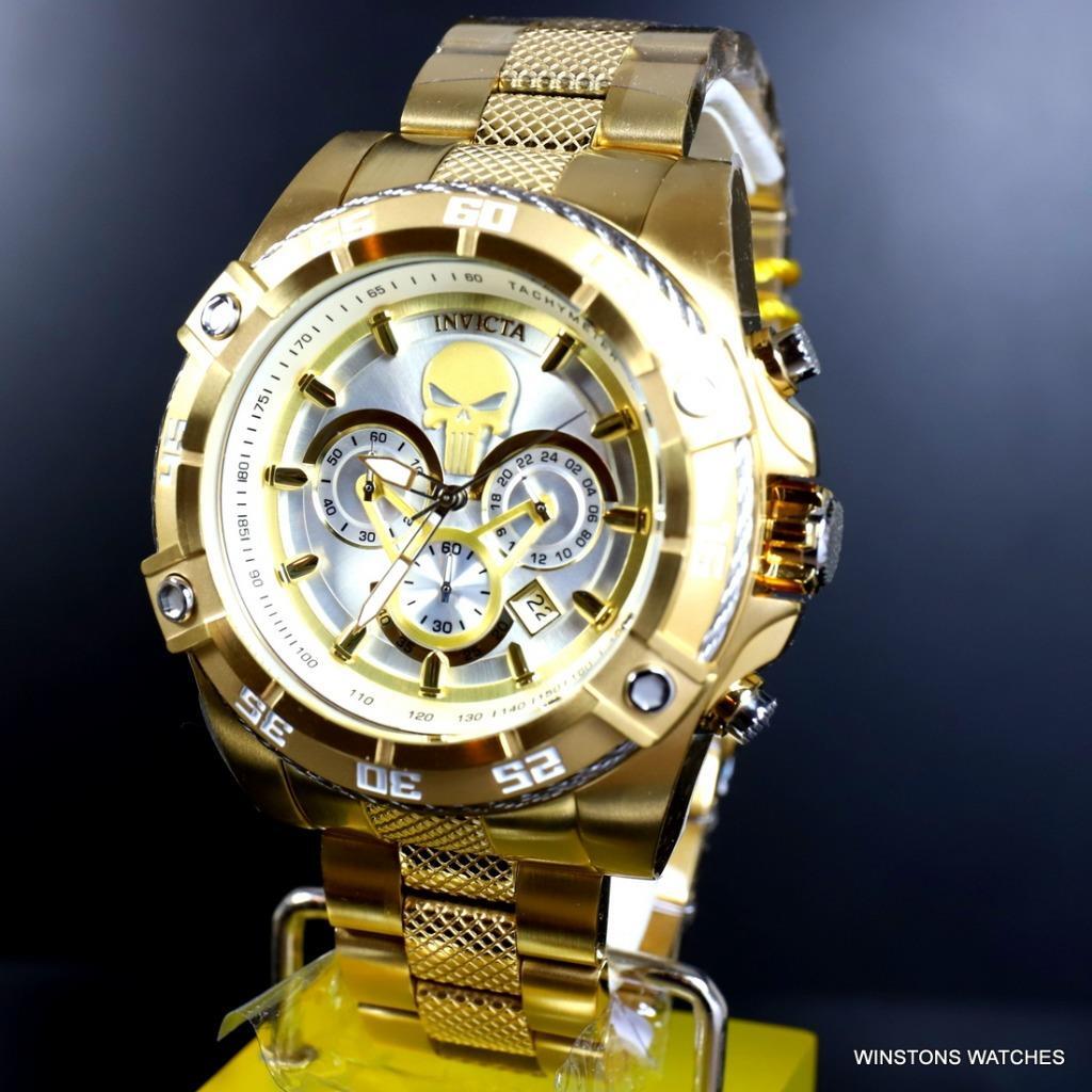 Invicta Marvel Punisher Speedway Viper Chrono Gold Plated Steel 52mm Watch New
