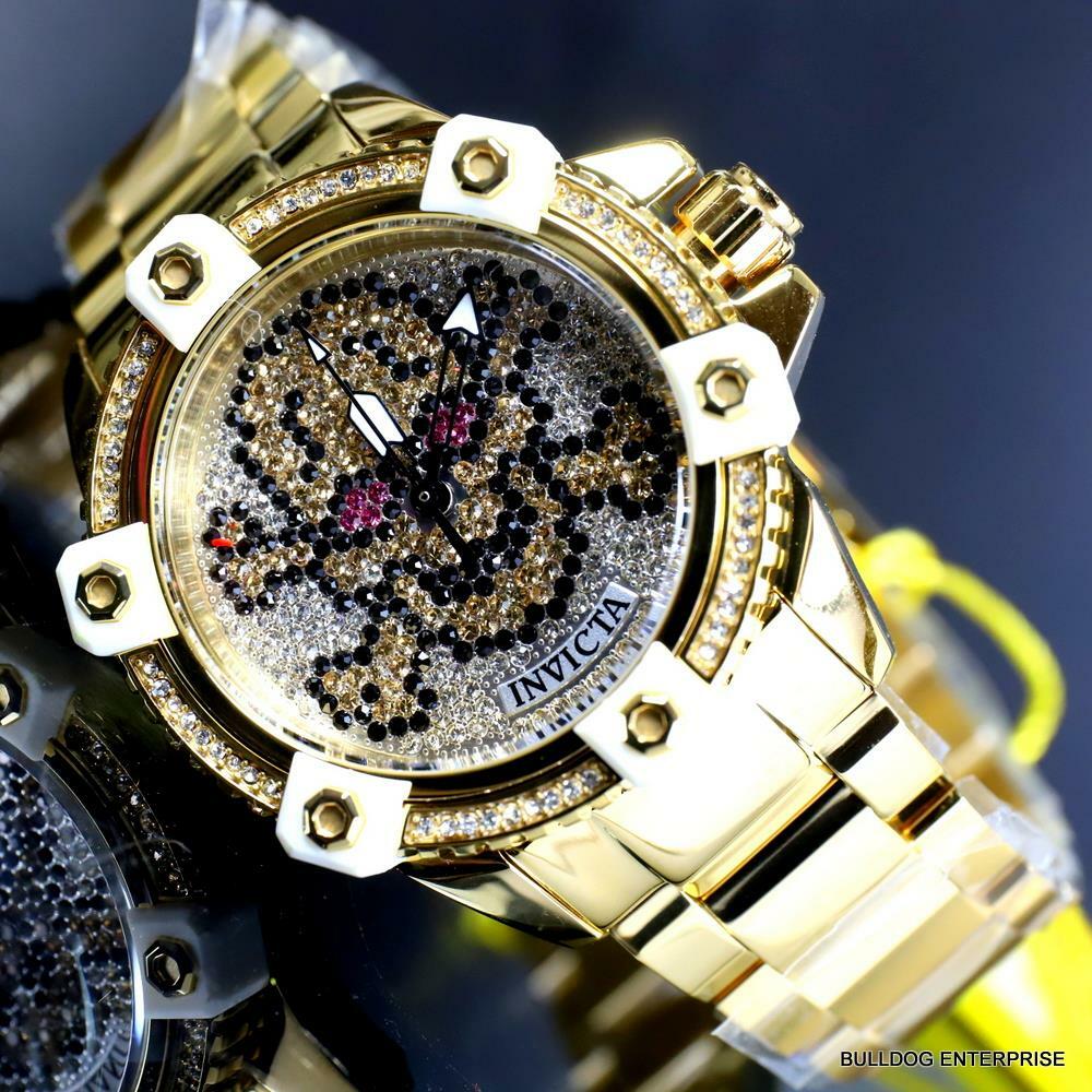 Womens Invicta Octane Skull Sparkling Crystals Gold Plated Steel 38mm Watch New