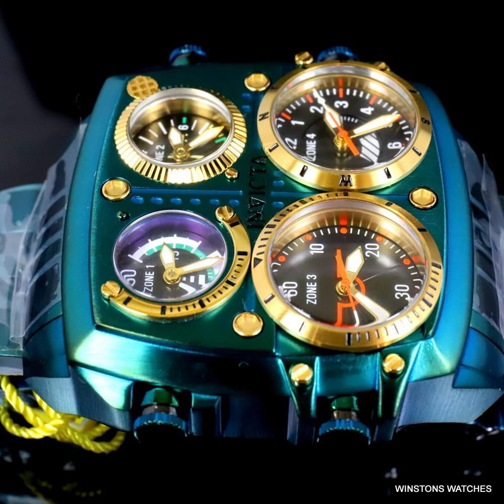 Invicta Aviator Zulu Green Stainless Steel Bracelet Quad Time 50mm Watch New