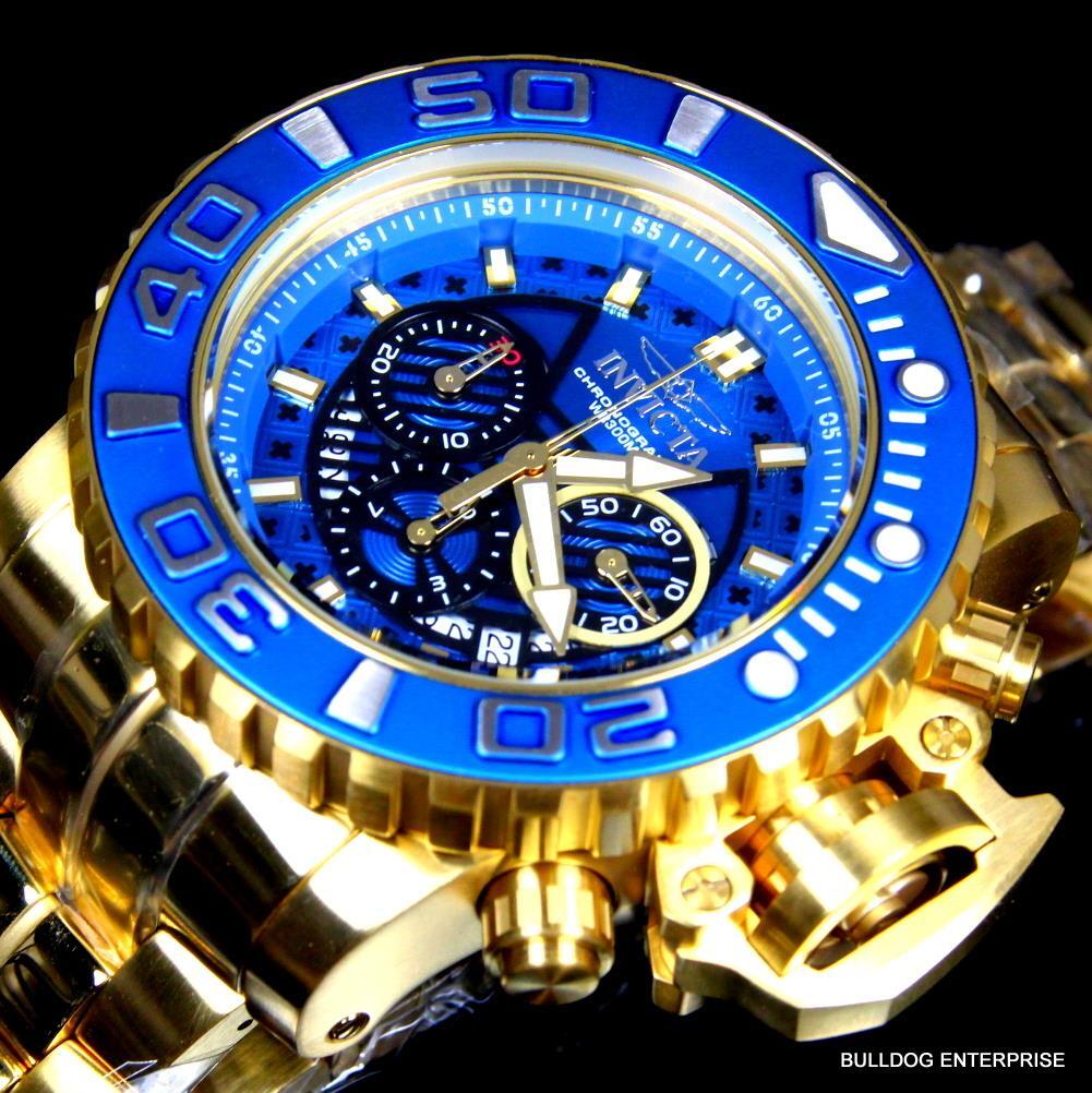 Invicta Sea Hunter III Blue 70mm Swiss Movement Chrono Gold Plated Watch New