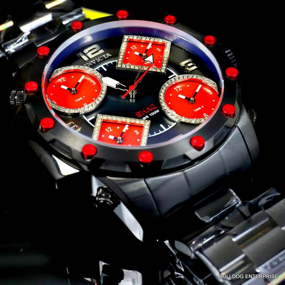 Invicta Shaq Diamond 5 Time Zone Red MOP Black Steel Chronograph 58mm Watch New