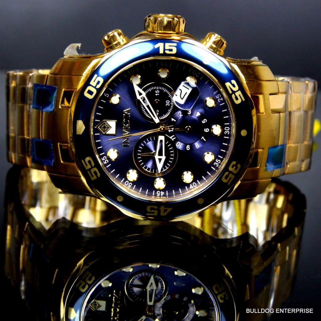 Invicta Pro Diver Scuba 18kt Gold Plated Steel Chronograph Blue 48mm Watch New