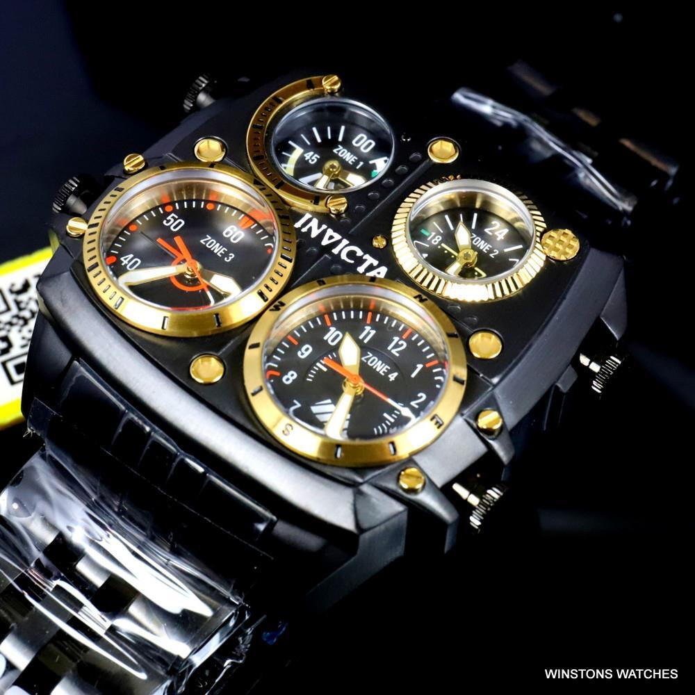 Invicta Aviator Zulu Black Stainless Steel Bracelet Quad Time 50mm Watch New