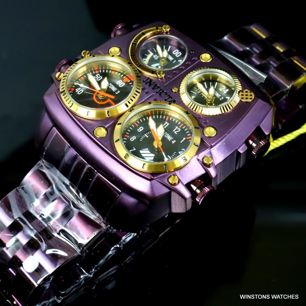 Invicta Aviator Zulu Purple Stainless Steel Bracelet Quad Time 50mm Watch New