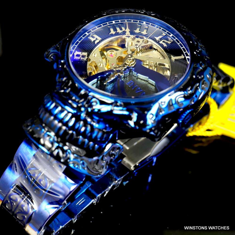 Invicta Artist Skull Automatic Skeletonized Blue Stainless Steel 50mm Watch New