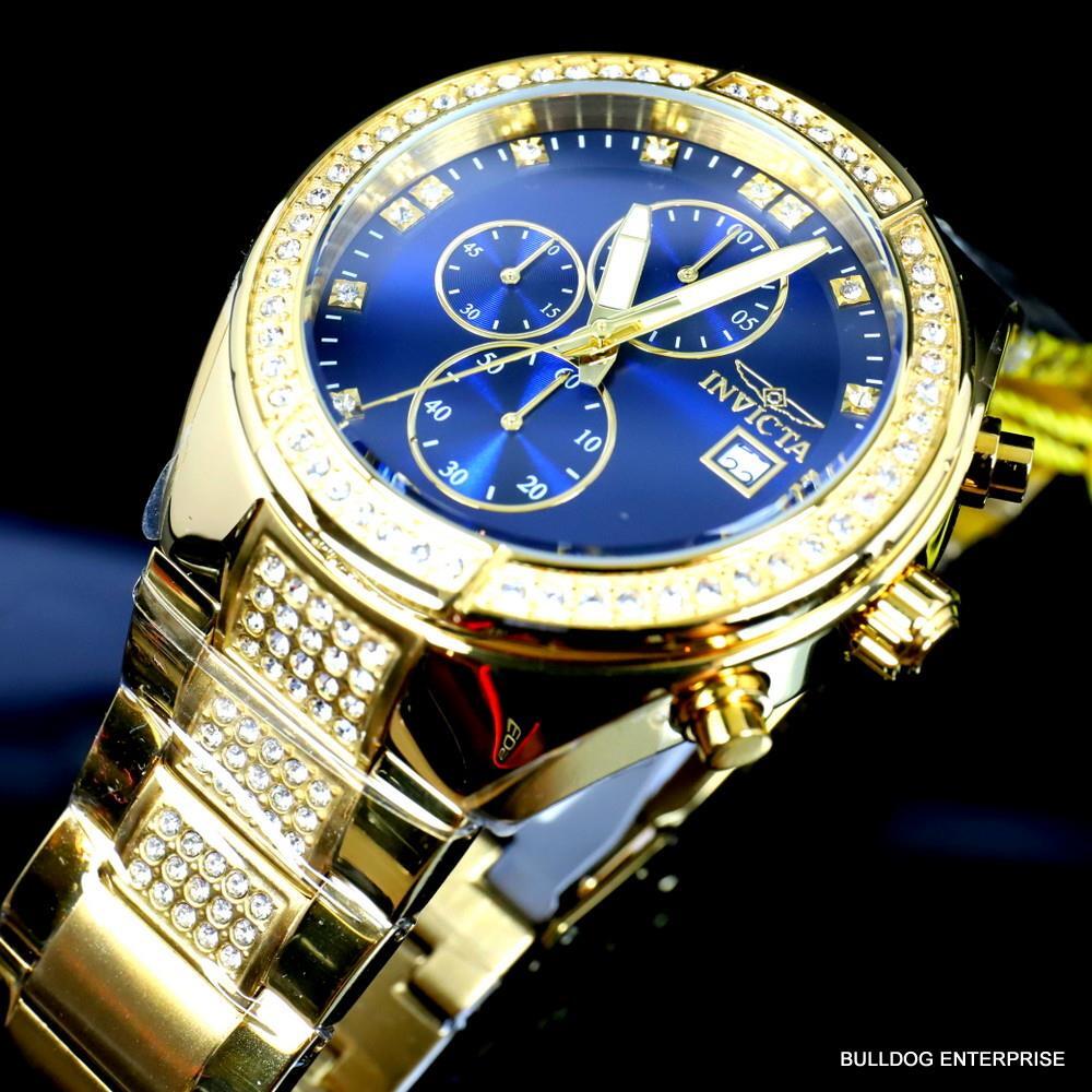 Invicta Specialty Crystal Accented Gold Plated Steel Blue 45mm Chrono Watch New