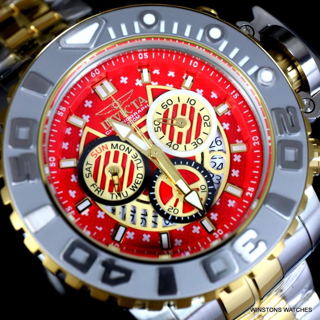 Invicta Sea Hunter II 70mm Two Tone Gold Plated Steel Red Swiss Mvt Watch New