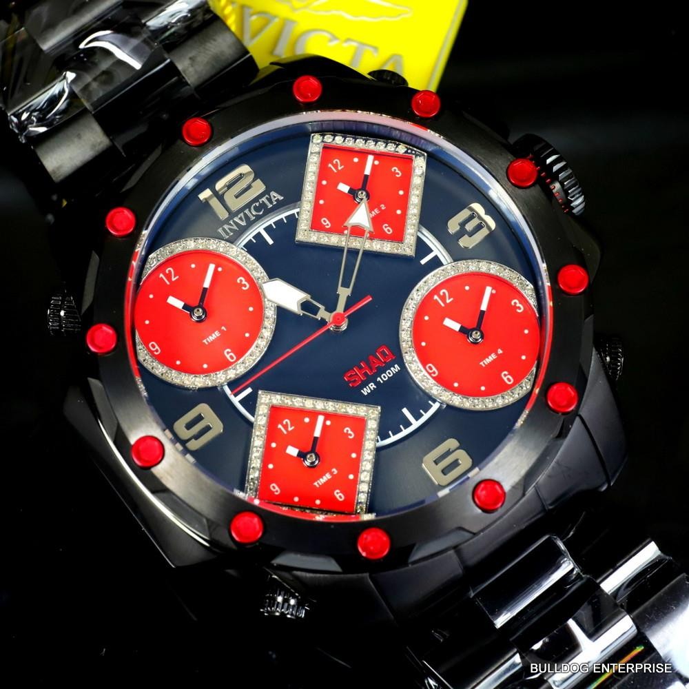 Invicta Shaq Diamond 5 Time Zone Red MOP Black Steel Chronograph 58mm Watch New