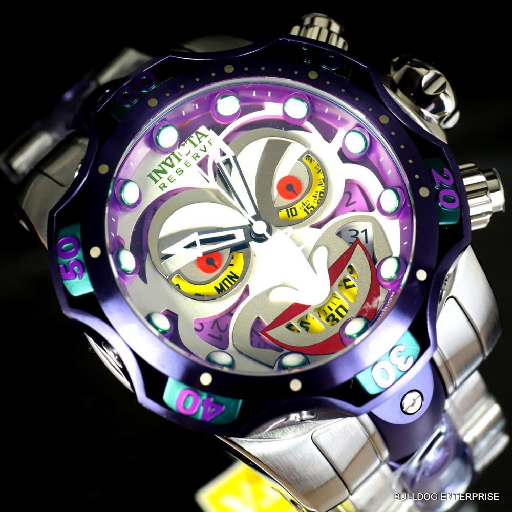 Invicta DC Comics Joker Venom Silver Tone Steel Purple Swiss Mvt 52mm Watch New