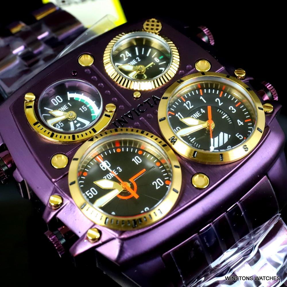 Invicta Aviator Zulu Purple Stainless Steel Bracelet Quad Time 50mm Watch New