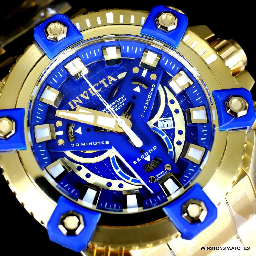 Invicta Coalition Grand Octane 63mm Gold Plated Steel Swiss Mvt Blue Watch New