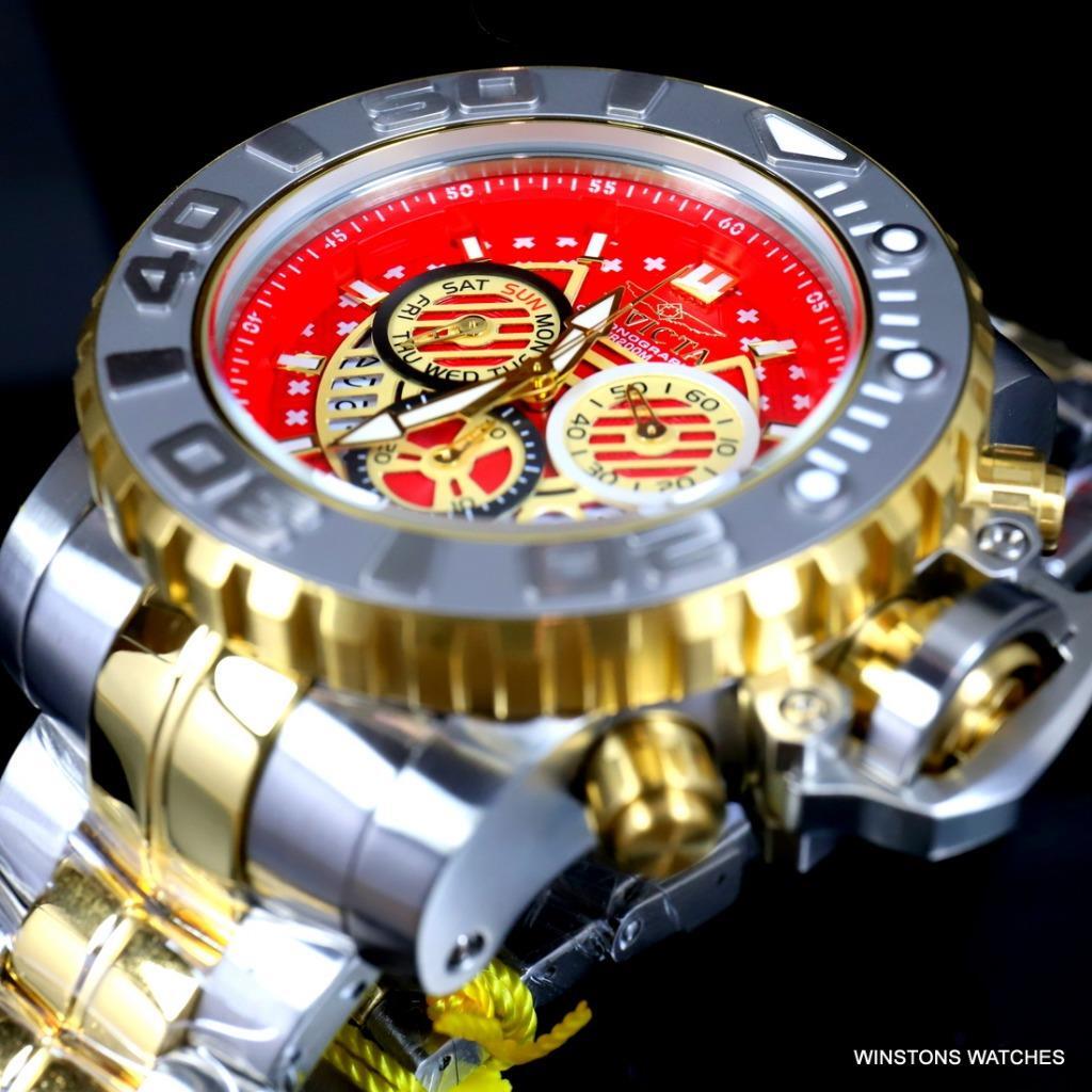 Invicta Sea Hunter II 70mm Two Tone Gold Plated Steel Red Swiss Mvt Watch New