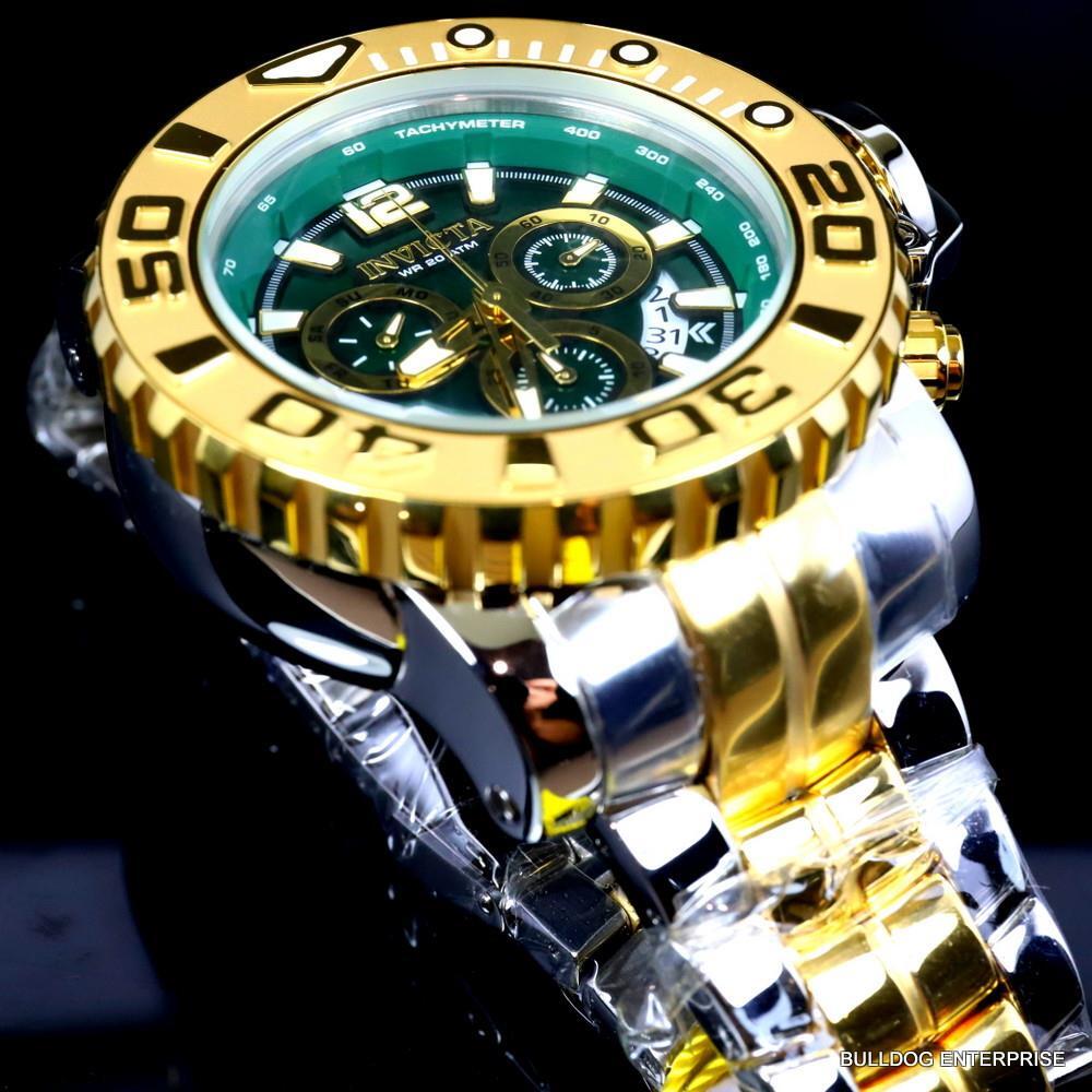 Men's Invicta Sea Hunter Gen II Green 2 Tone Gold Plated 70mm Swiss Watch New