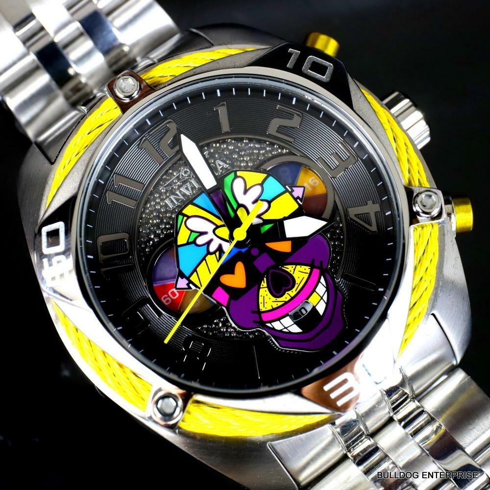 Invicta Britto Bolt Skull Silver Tone Stainless Steel Chronograph 47mm Watch New