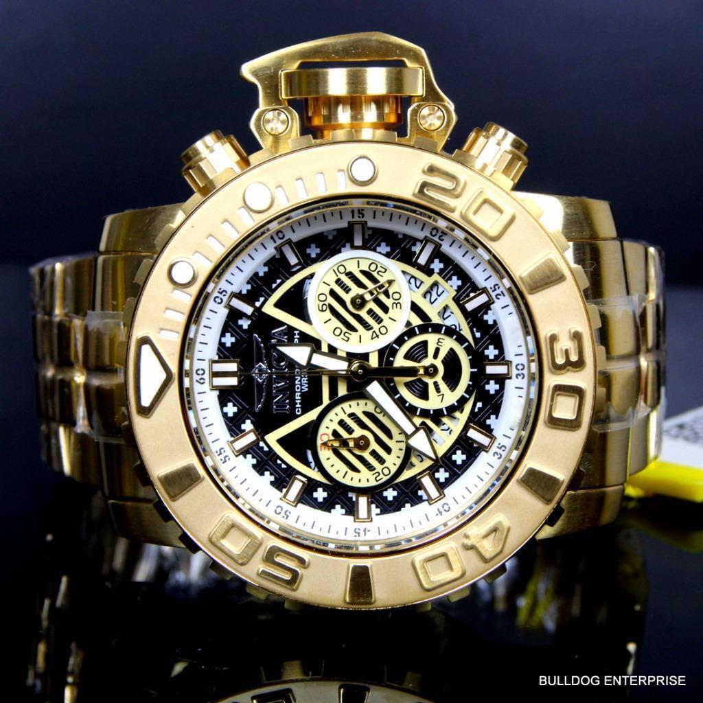 Invicta Sea Hunter III Black 70mm Swiss Mvt Chrono 18kt Gold Plated Watch New