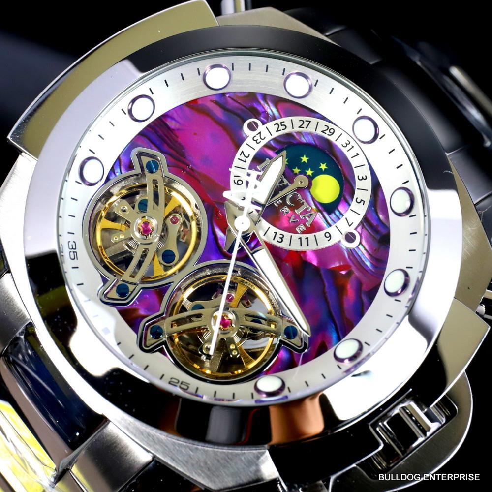 Invicta Man of War Double Open Heart Automatic Moon Purple Abalone Watch New