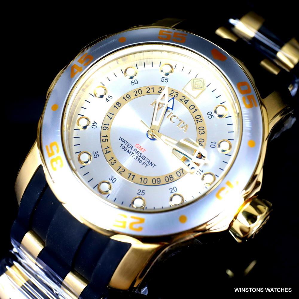 Invicta Pro Diver Scuba GMT Silver Tone Dial 18kt Gold Plated 49mm Watch New