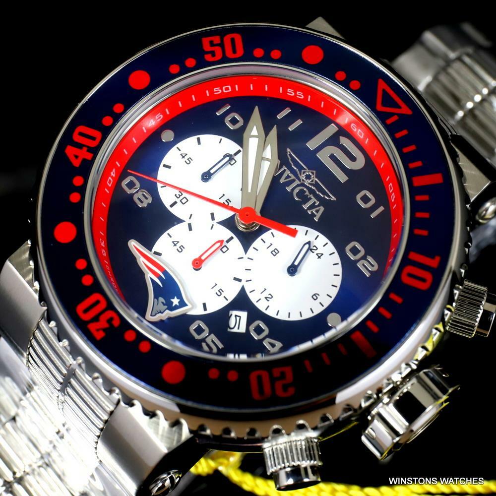 Invicta NFL Grand Pro Diver New England Blue Red Steel Chrono 52mm Watch New