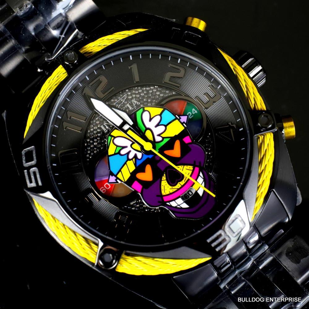 Invicta Romero Britto Modern Art Skull 47mm Black Stainless Steel Watch New