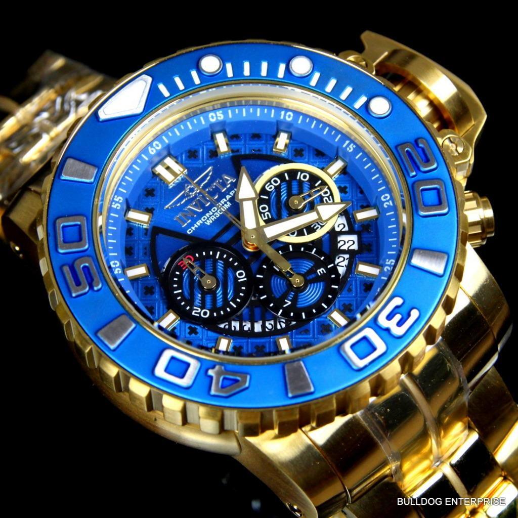 Invicta Sea Hunter III Blue 70mm Swiss Movement Chrono Gold Plated Watch New